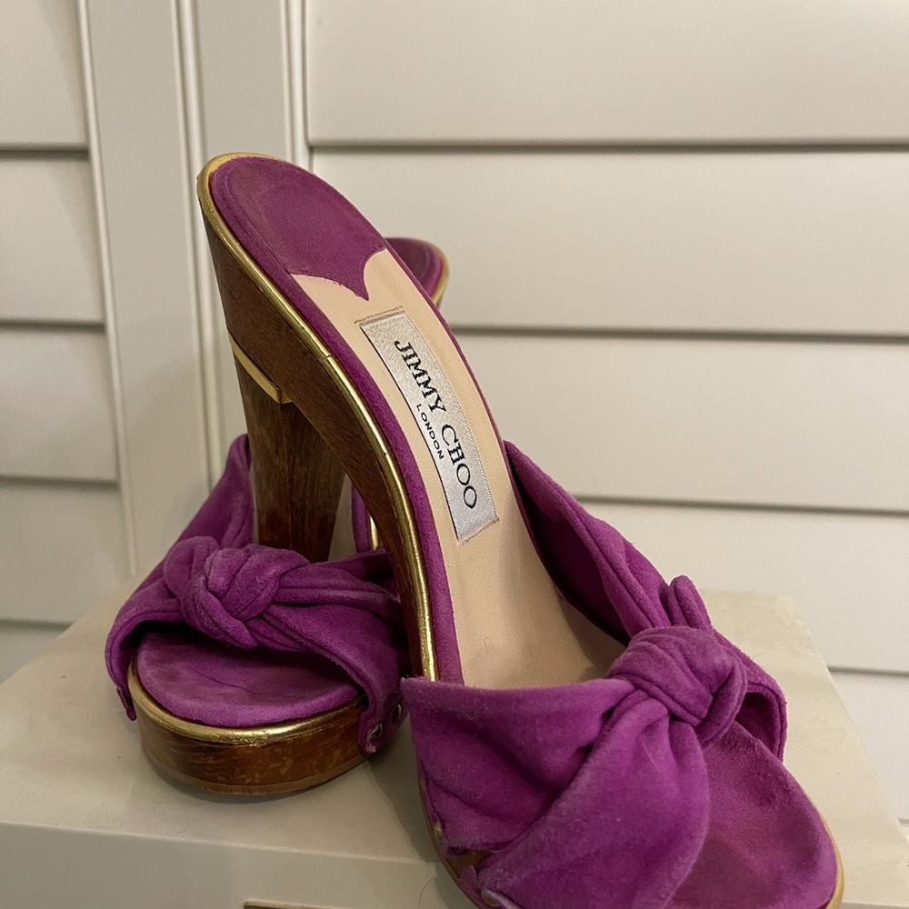 Jimmy Choo. Size 36 magenta soft suede sandal/slides with wood heel